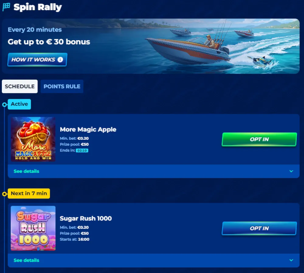 BassBet Spin Rally leaderboard and recent big win statistics.